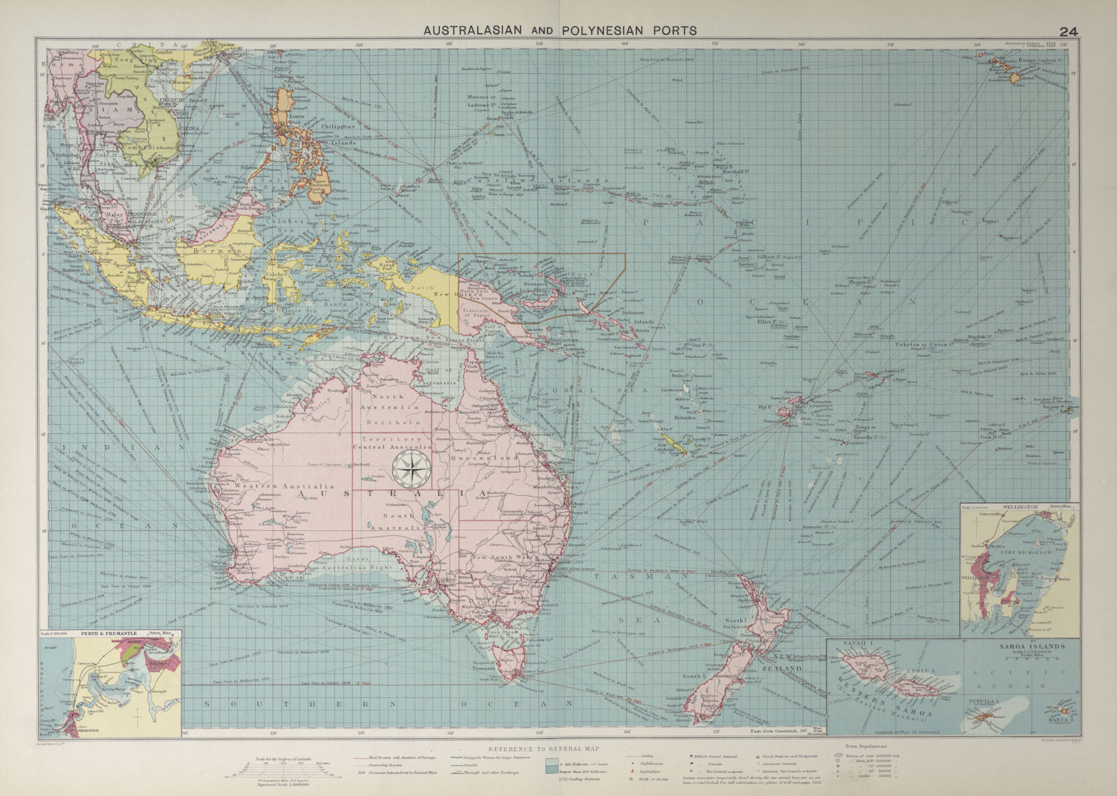 Australasian Polynesian Ports sea chart. lighthouses mail routes LARGE 1927 map